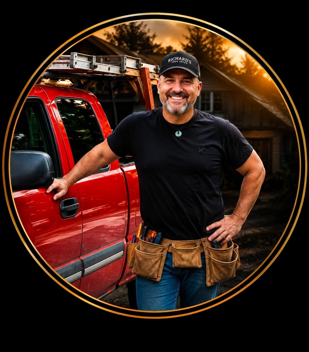 owner leaning against work truck with tools on hip
