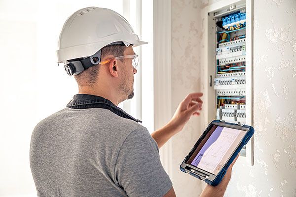 electrician checking breaker box